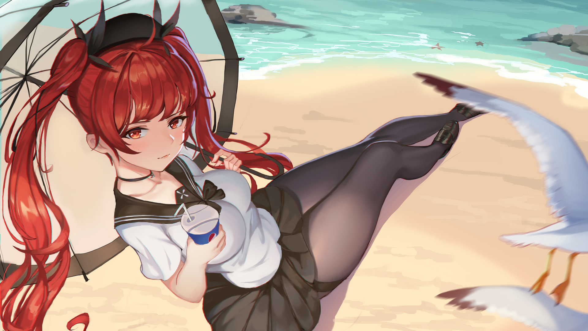 高清动漫 动漫女孩 海滩 裙子 校服 电脑 无水印壁纸 5005×3000