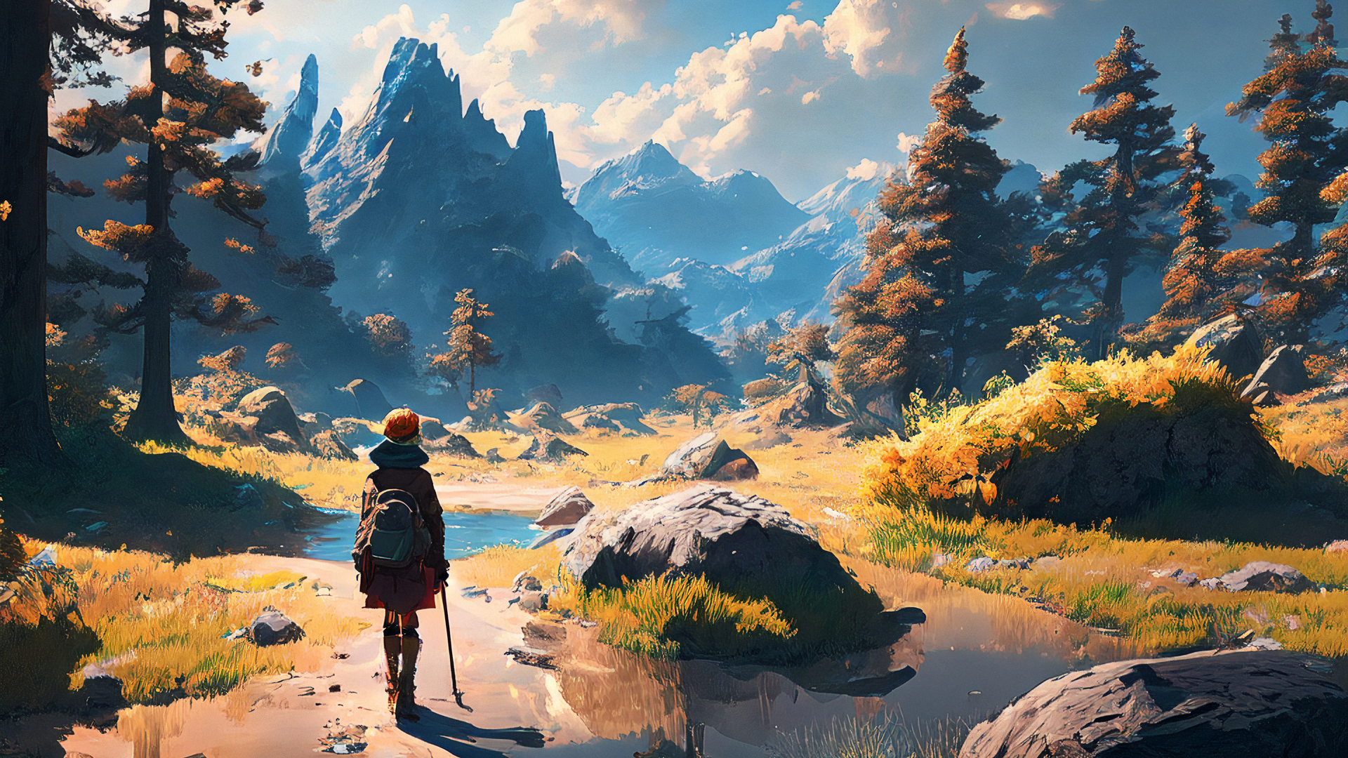 经典艺术 风景 AI艺术 插图 自然 山脉 树木 水 背包 电脑 壁纸 3840×2160
