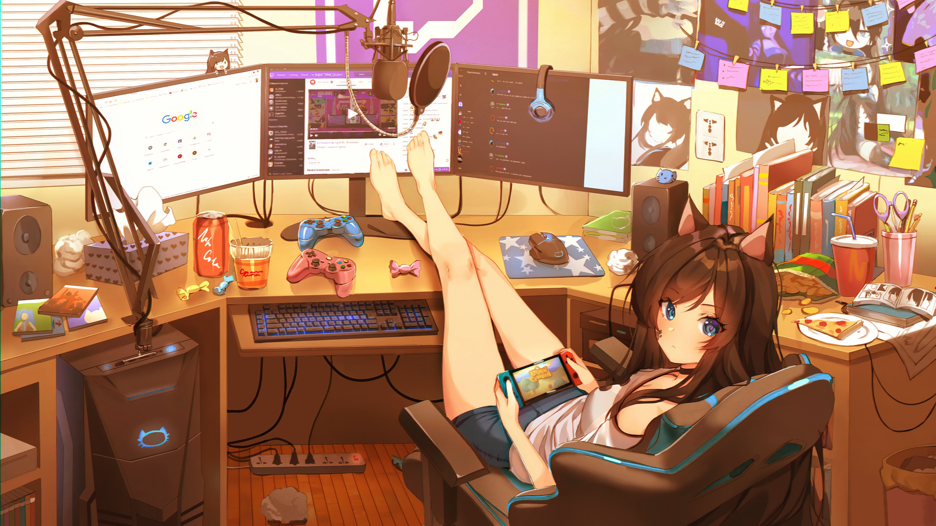 长发 动漫女孩 猫耳朵 黑发 计算机 键盘 电脑 4K高清壁纸 3840×2160