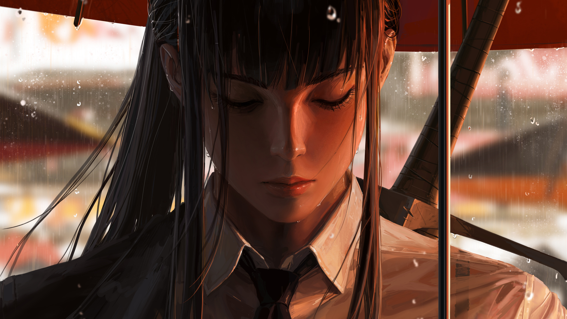 经典黑发 原创人物 奇幻女孩 马尾辫 闭眼 雨 伞 素描 肖像 电脑 无水印壁纸 6000×3753