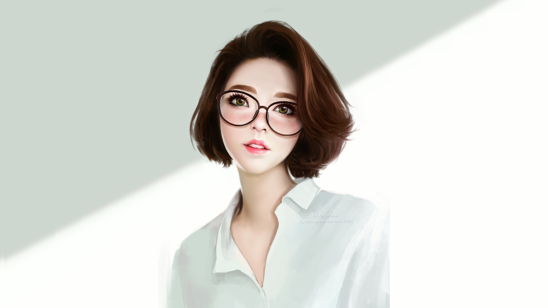 动漫女孩 动漫 简单背景 眼镜 玻璃 电脑 壁纸 3840×2160