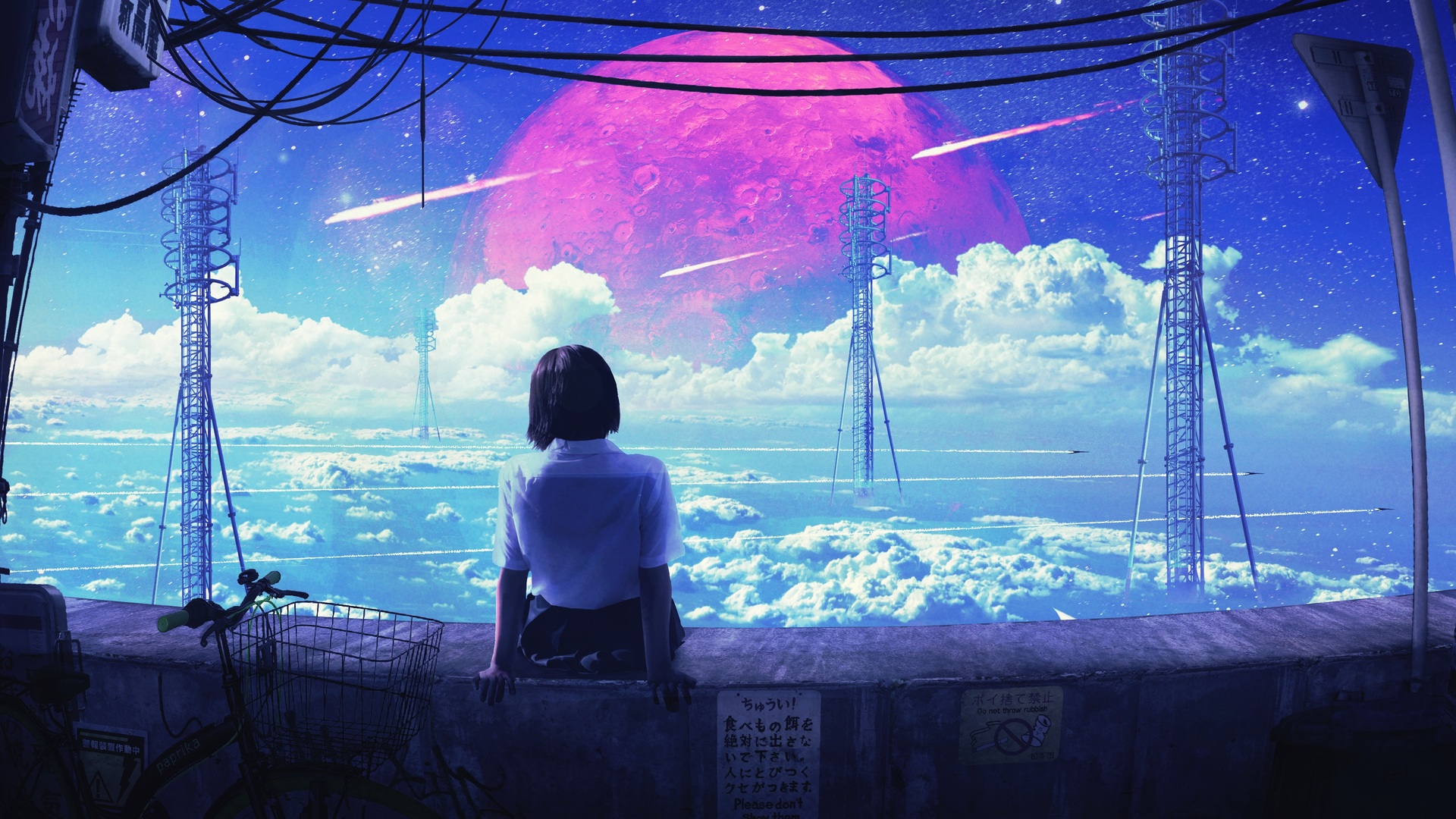 绝美单人 坐着 黑发 云 白衬衫 插图 电脑 壁纸 3840×2160