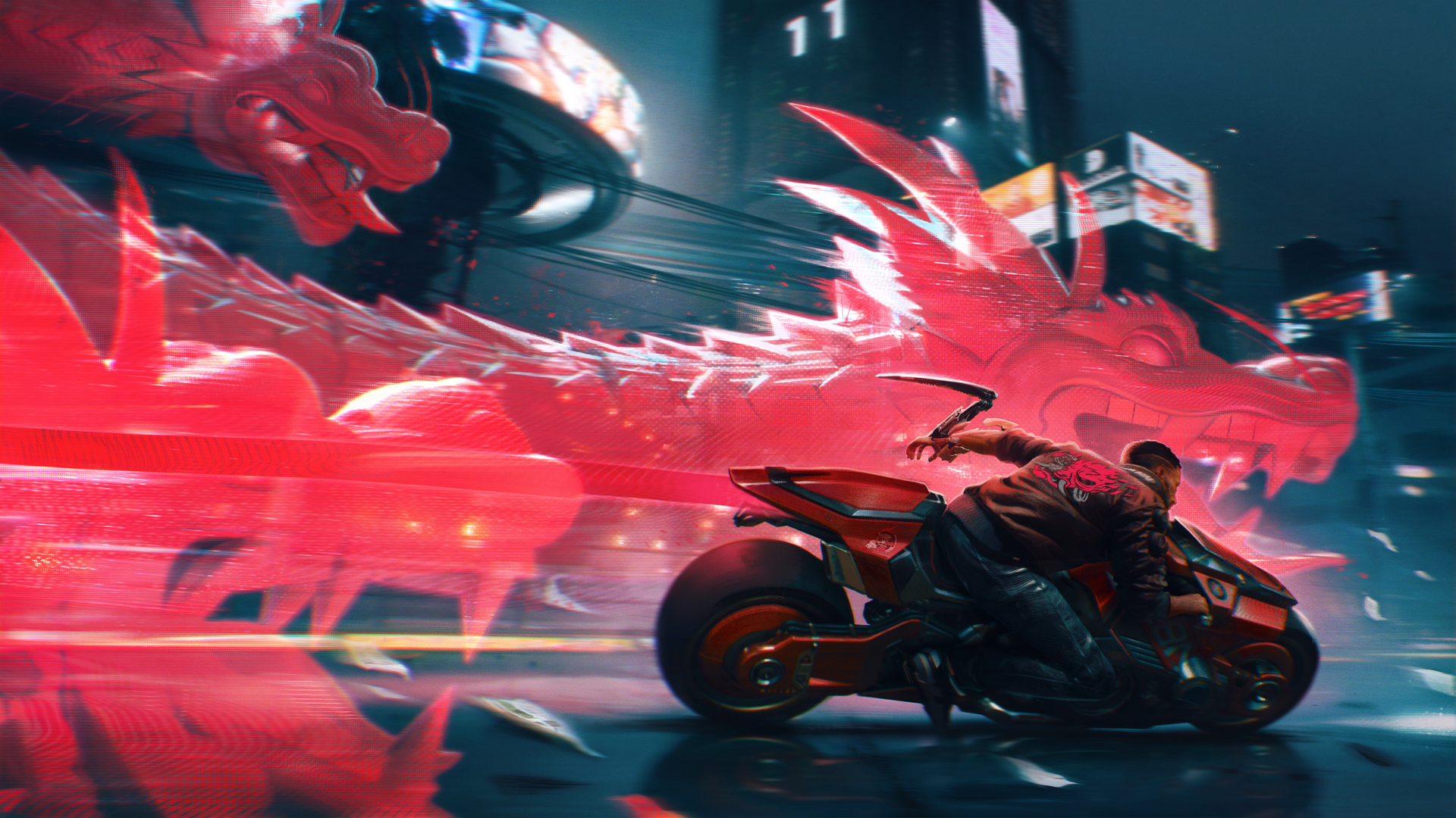 唯美网络 赛博朋克 龙 摩托车 夜 电脑 壁纸 3840×2160