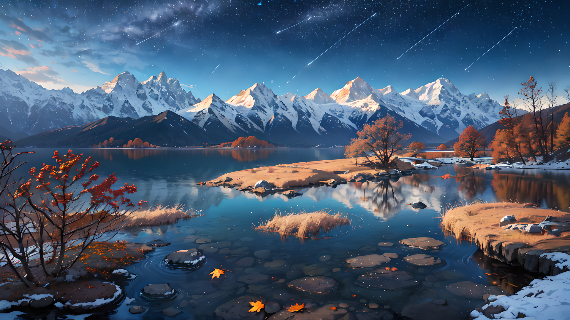 艺术 雪峰 水 白雪覆盖 山 枫叶 雪 自然 倒影 树 叶 天空 星星 星夜 电脑 4K高清壁纸 3840×2160