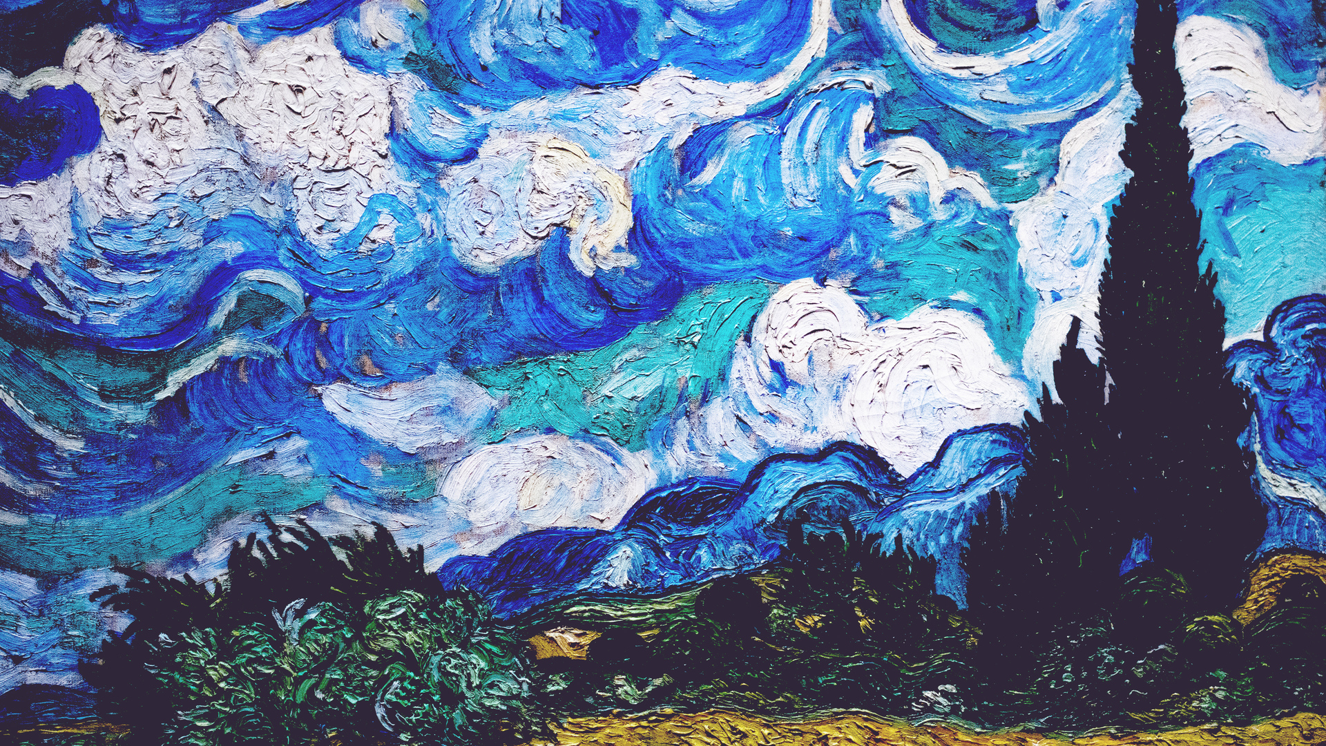 文森特·梵高 云 柏树 灌木丛 蓝色 绘画 古典艺术 电脑 壁纸 3840×2160