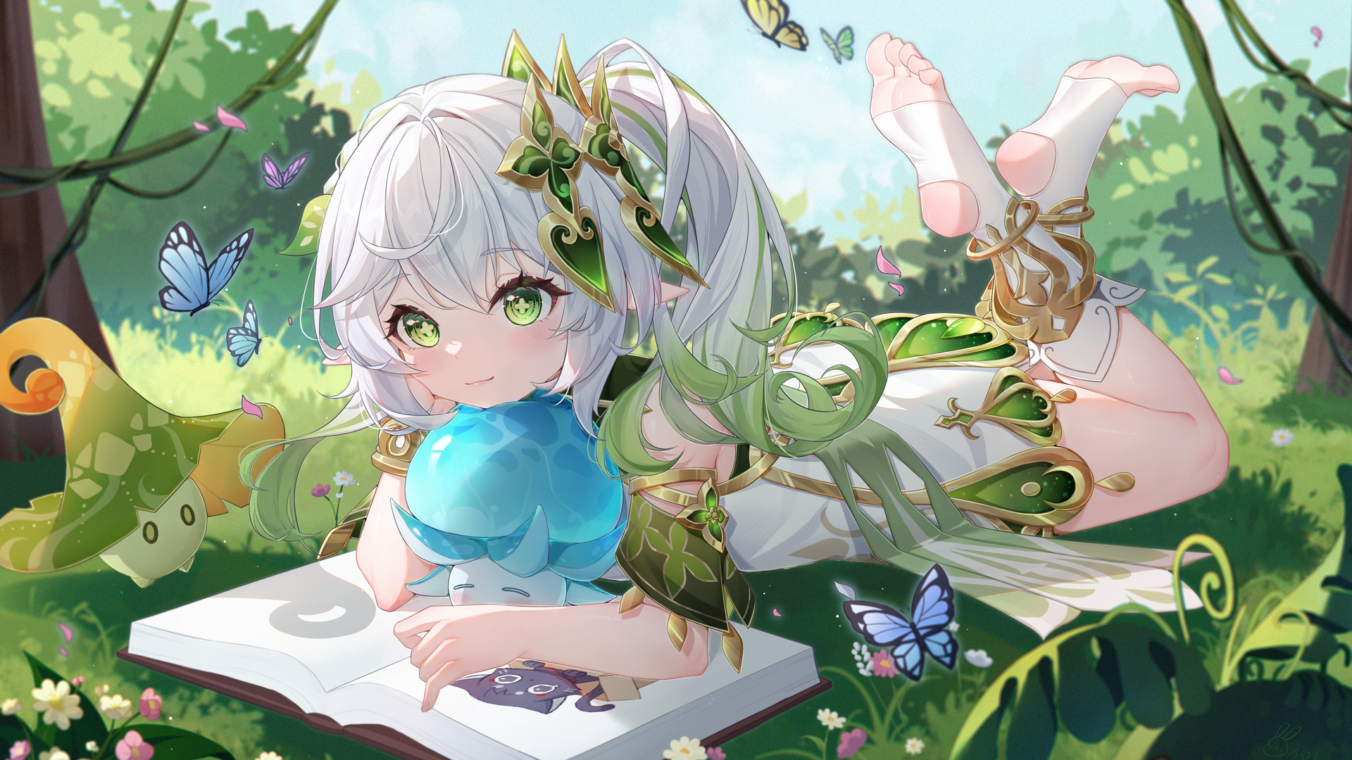 白发 马尾辫 侧马尾辫 绿色眼睛 精灵女孩 电脑 壁纸 4291×2777