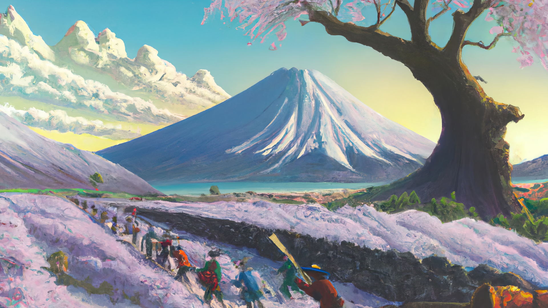 绘画 AI艺术 山 树 艺术 樱花 风景 云 富士山 天空 电脑 无水印壁纸 3840×2160