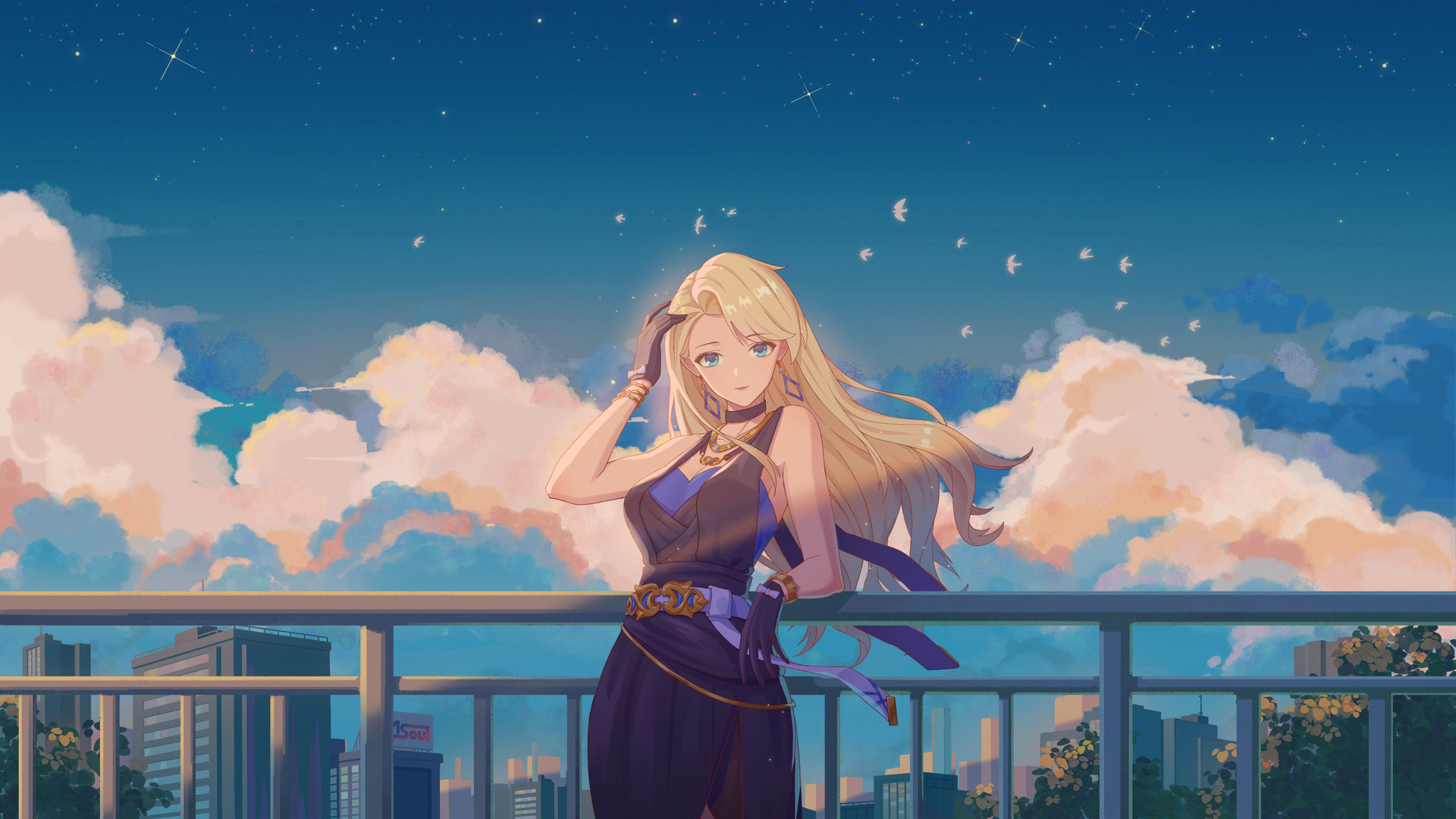 艾琳 蓝眼睛 灵魂 插图 动漫女孩 云 星星 天空 电脑 壁纸 5242×2949