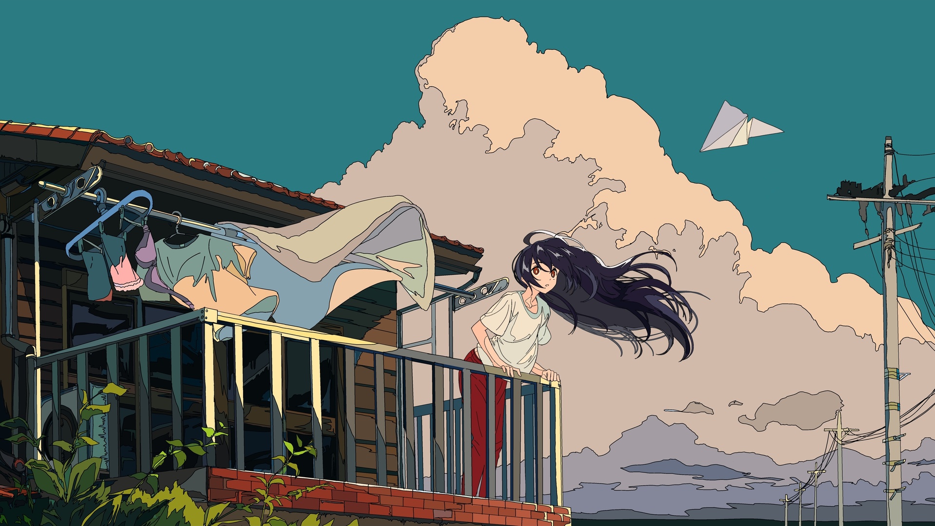 云 天空 布 建筑 阳台 动漫女孩 电脑 4K高清壁纸 3888×2187