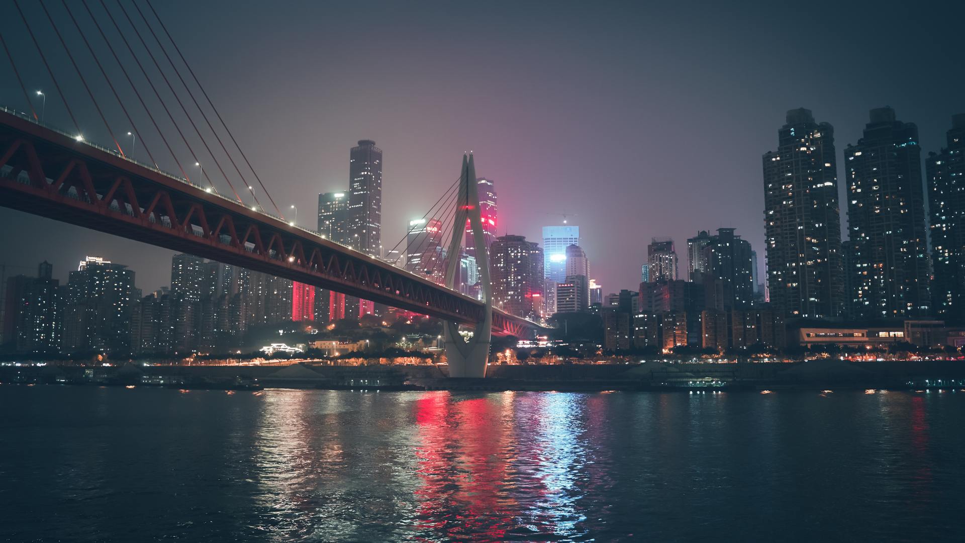 超清重庆 中国 天空 桥梁 河流 摩天大楼 夜晚 灯光 水波 电脑 壁纸 6000×4000