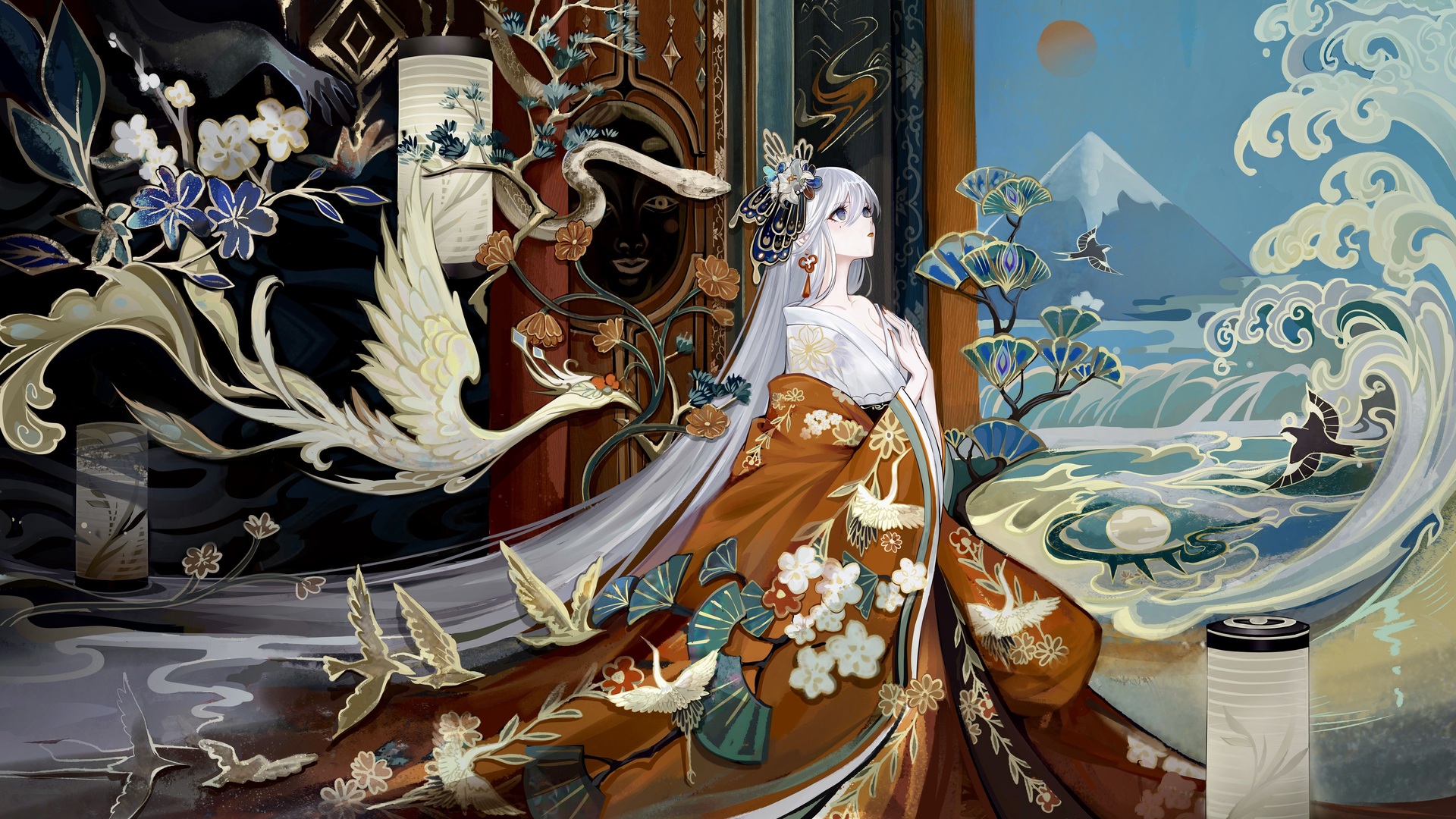 抬头 动漫 动漫女孩 和服 动物 鹅 蛇 花 浪 山 电脑 高清壁纸 7432×4290