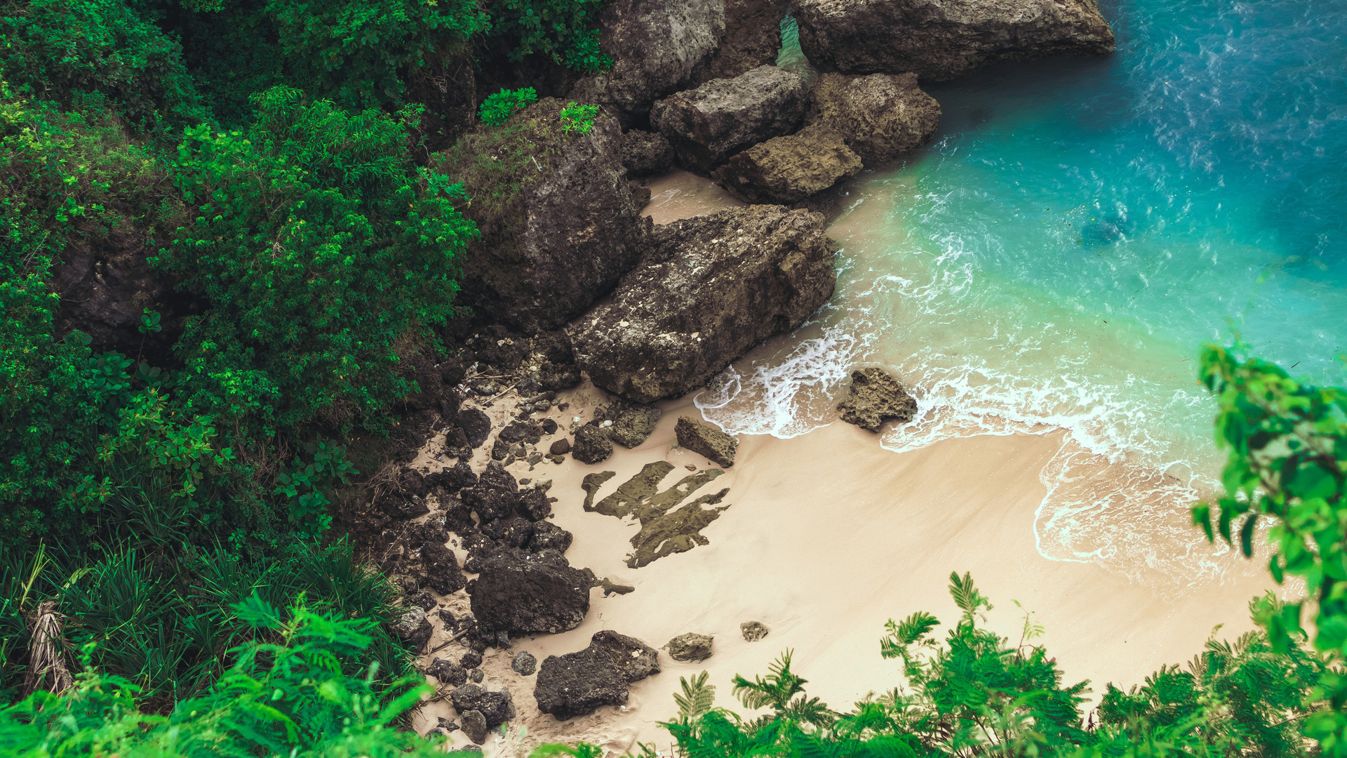 绝美自然 植物 水 岩石 海滩 风景 俯视 波浪 沙子 电脑 4K壁纸 3840×2160