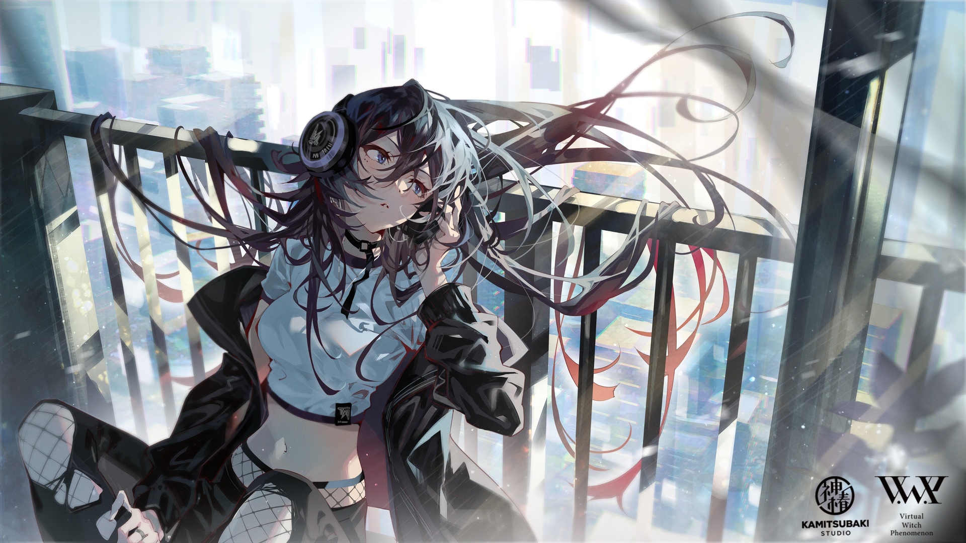 原创人物 长发 深色头发 蓝眼睛 动漫女孩 耳机 电脑 高清壁纸 4096×2304