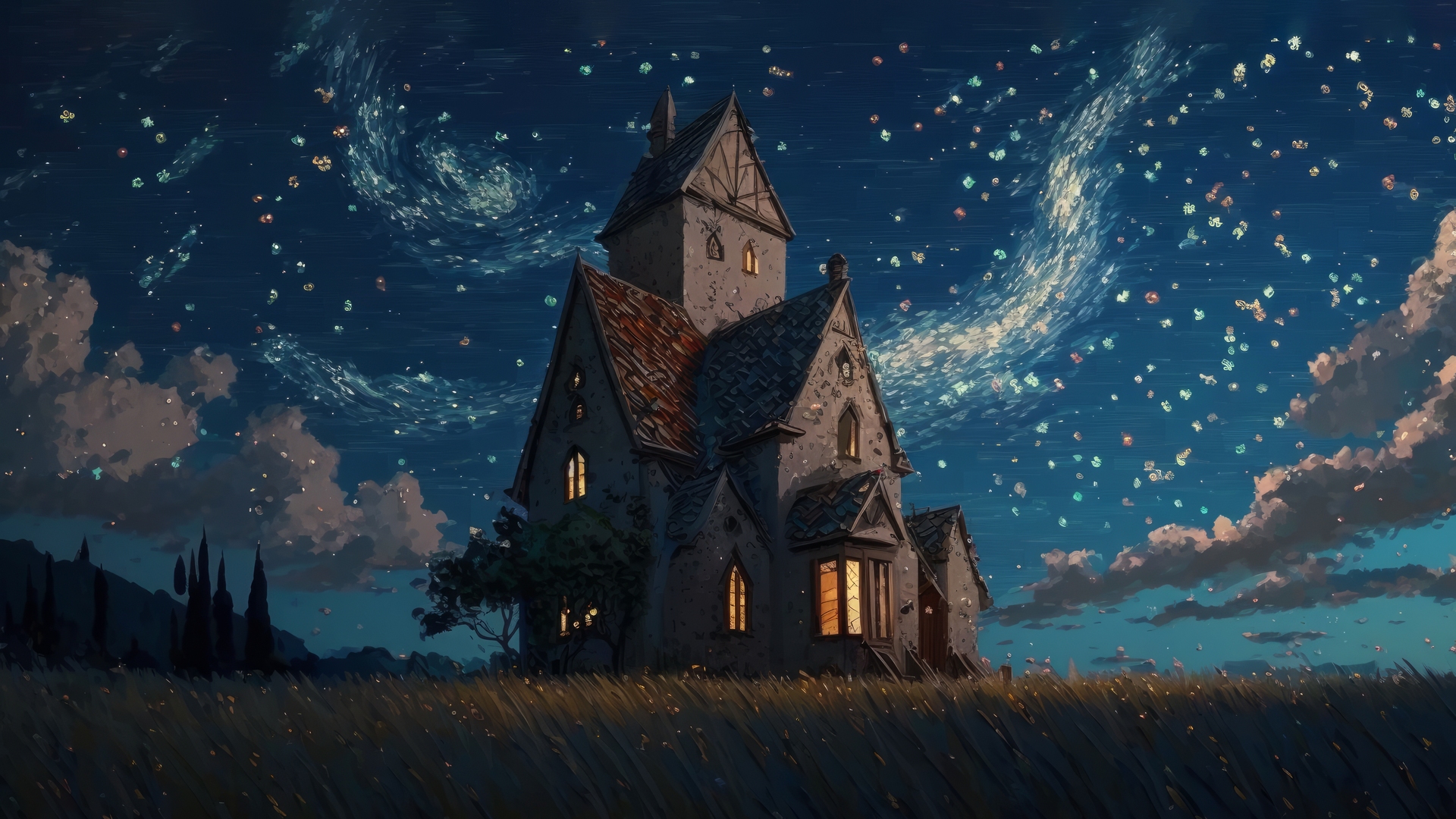 艺术 房子 星星 绘画 天空 星夜 草 电脑 壁纸 4579×2616
