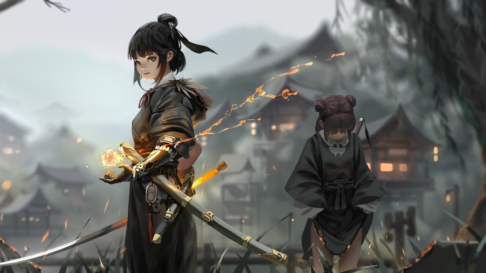 唯美黑发 古代中国 漫画艺术 动漫女孩 武侠 电脑 壁纸 9600×4320