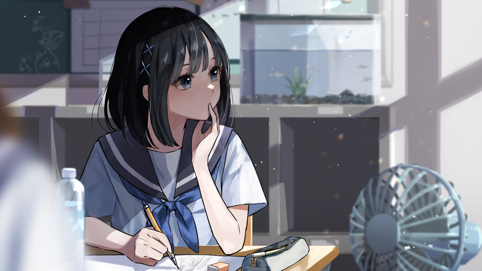 刘海 动漫女孩 黑发 校服 教室 电脑 高清壁纸 5120×3200