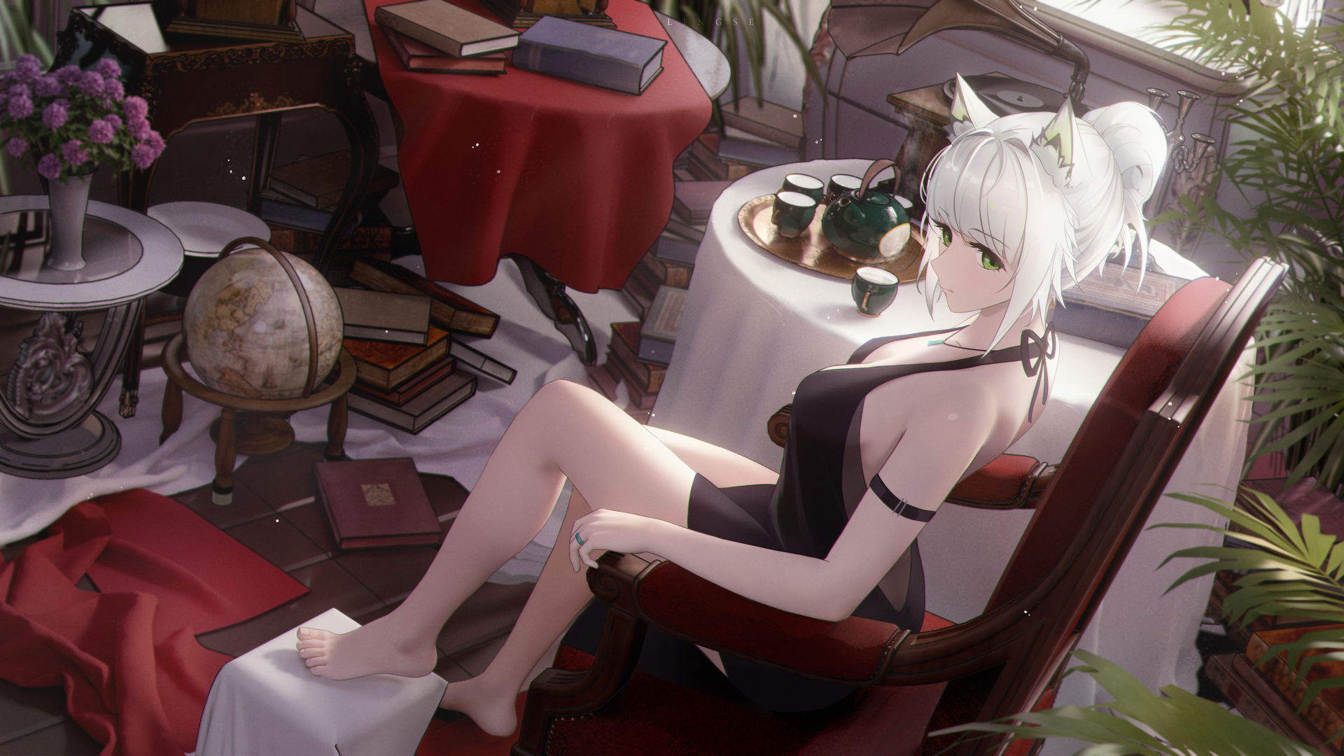 狐狸耳朵 狐耳 绿色眼睛 白发 动漫 动漫女孩 狐狸少女 电脑 高清壁纸 5000×2800
