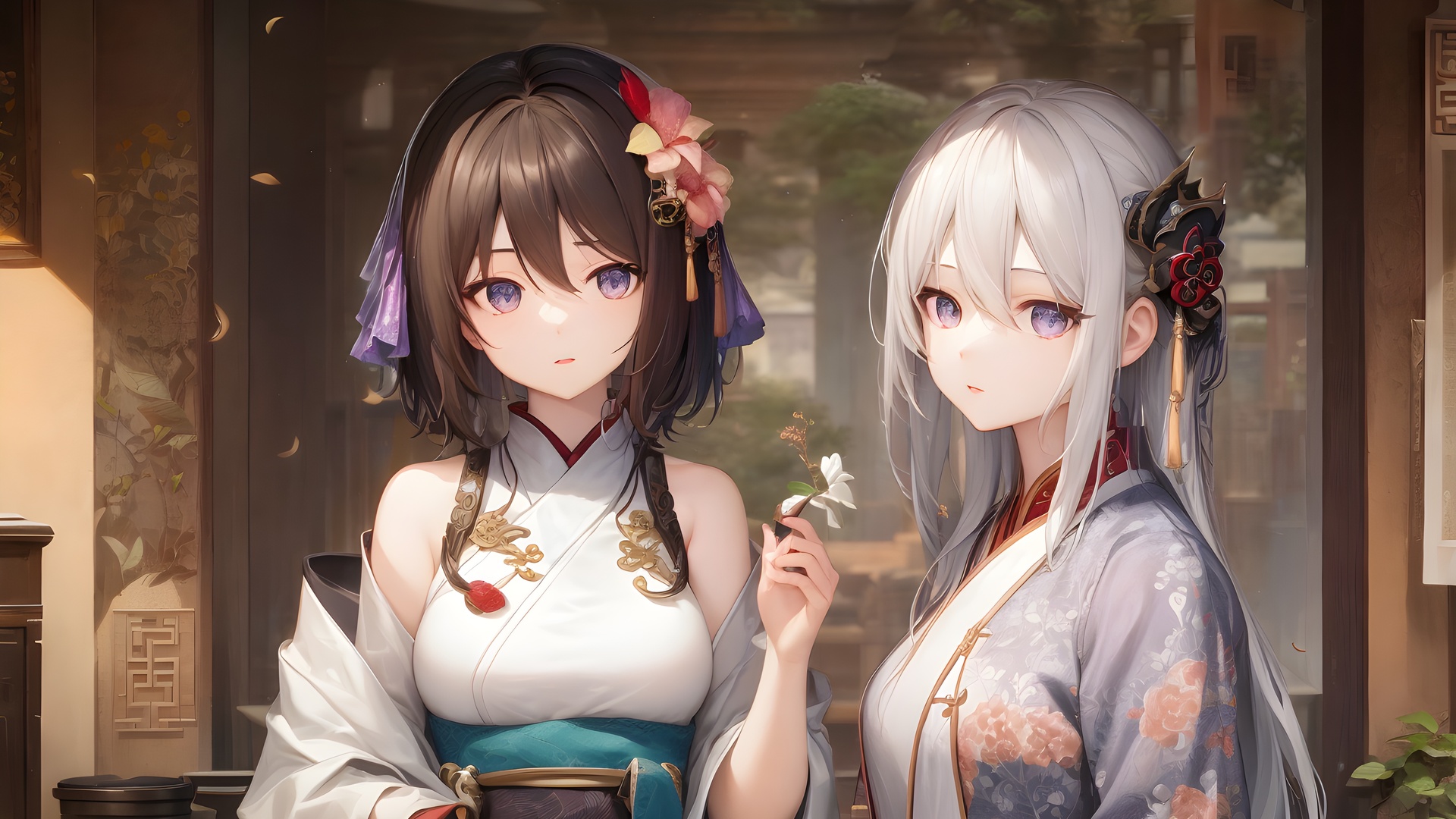 热门女孩 汉服 银发 中国服装 花在头发 花 动漫女孩 电脑 手机壁纸 5376×3072