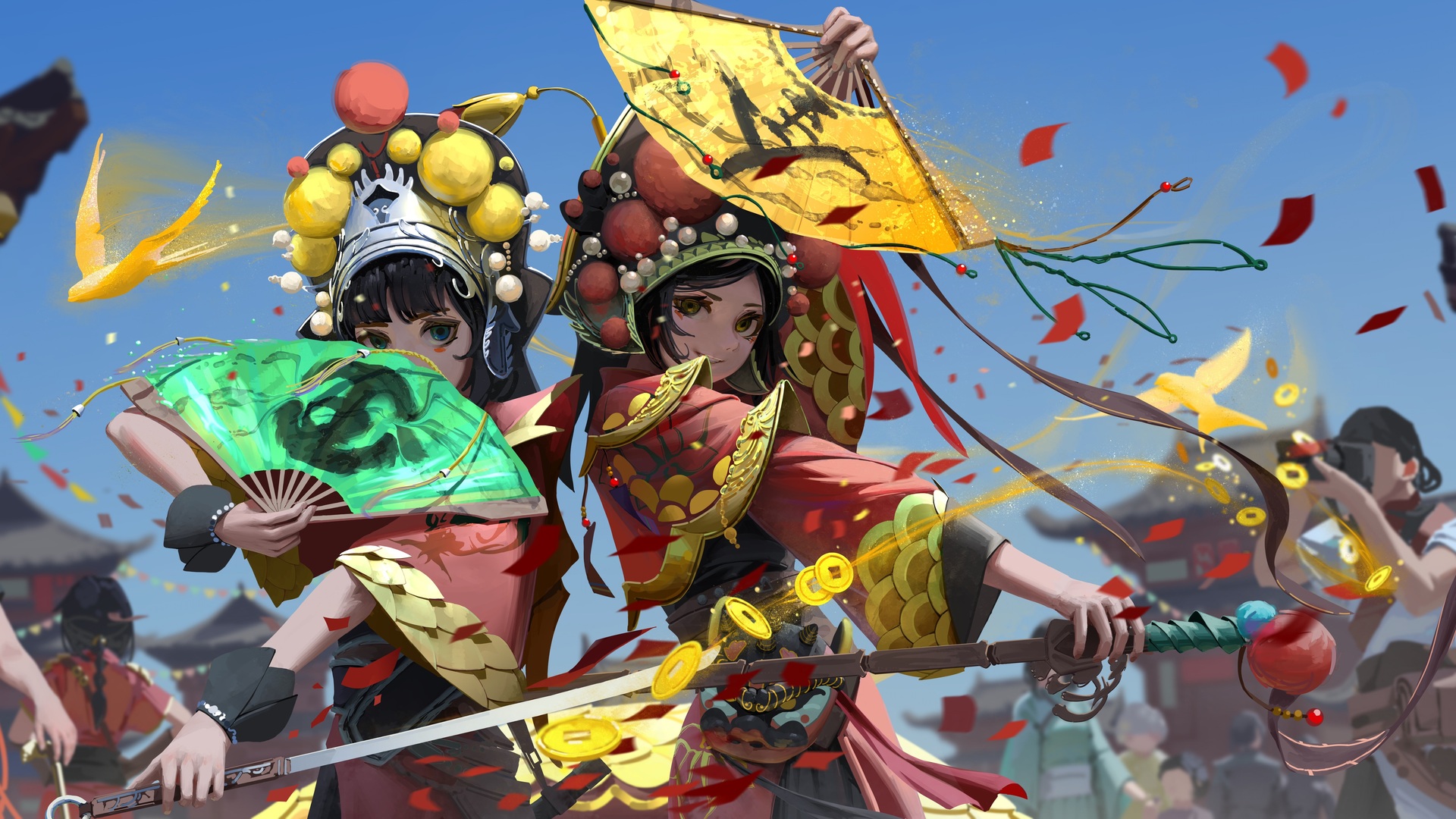 剑女 两女 京剧 粉丝 动漫女孩 花瓣 中国 电脑 4K高清壁纸 7052×3072