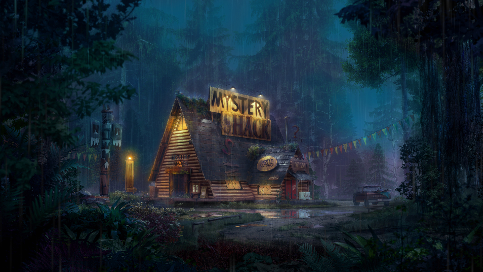 唯美风景 AI艺术 森林 商店 雨 光照效果 重力瀑布 卡通 电脑 壁纸 3840×2160