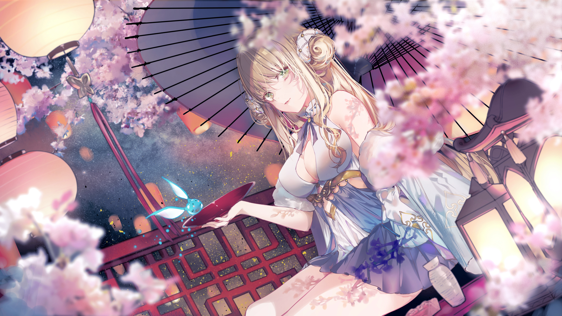 金发 绿眼睛 动漫 动漫女孩 雨伞 樱花 电脑 4K高清壁纸 5760×3240