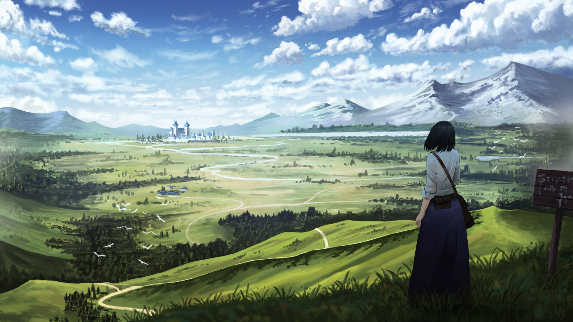 站立 短发 动漫少女 青草 雪峰 天空 云 风景 电脑 手机壁纸 4000×2300
