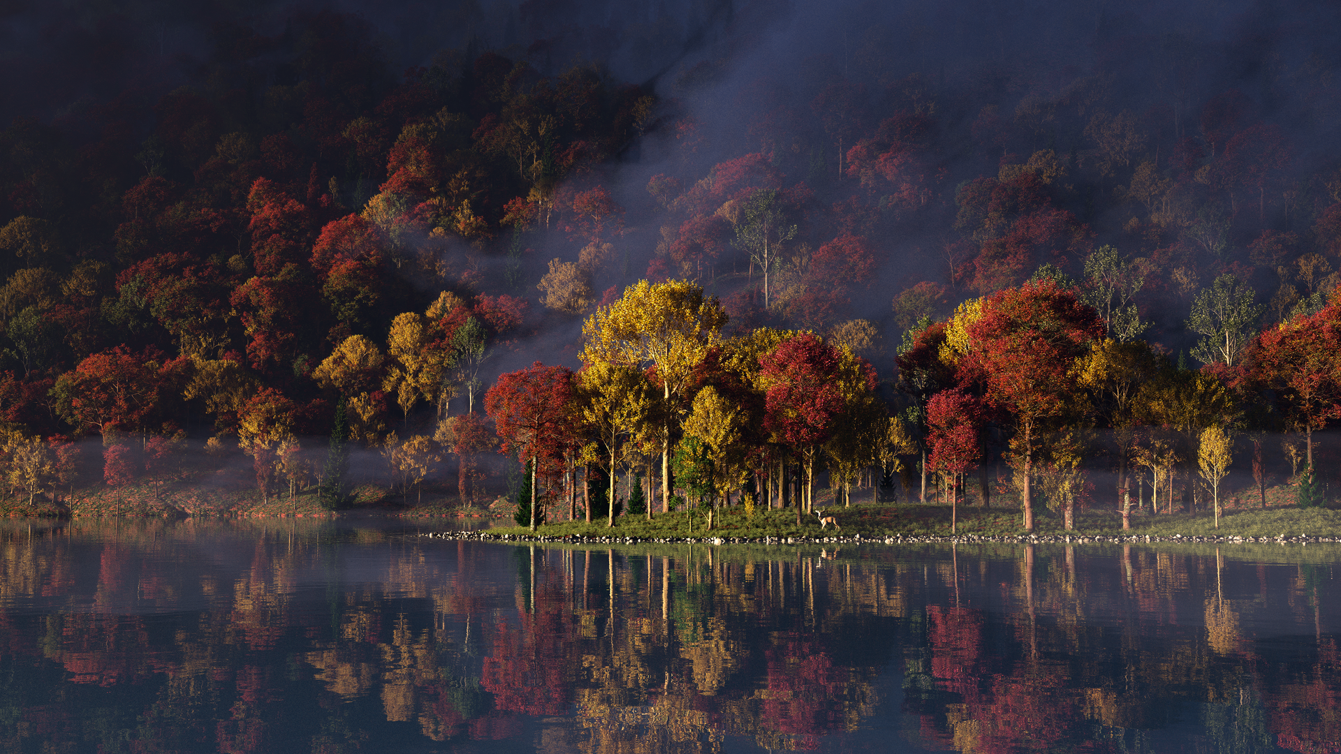 热门湖泊 树木 自然 风景 薄雾 反射 水 电脑 高清壁纸 4096×2304