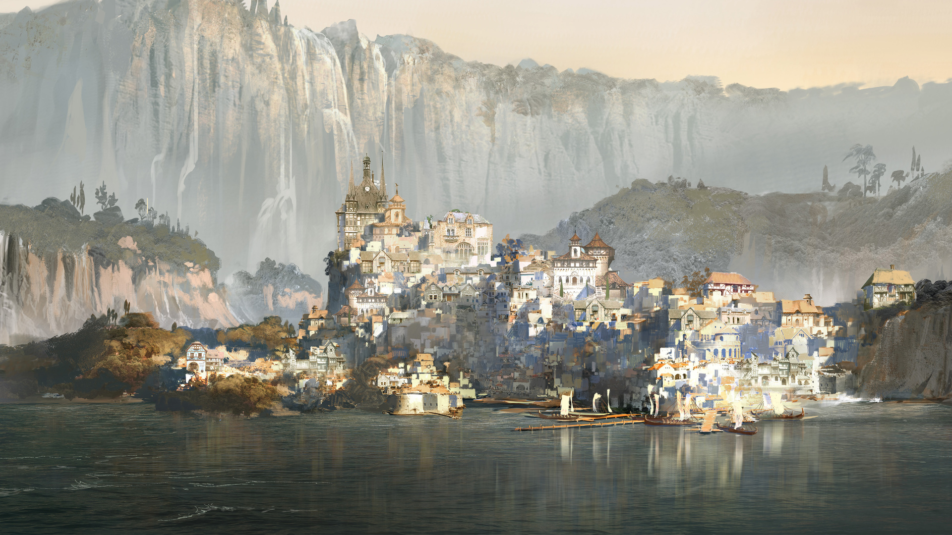 经典视觉 插图 山 城市 水 风景 长老卷轴 游戏CG 电脑 壁纸 5000×2500