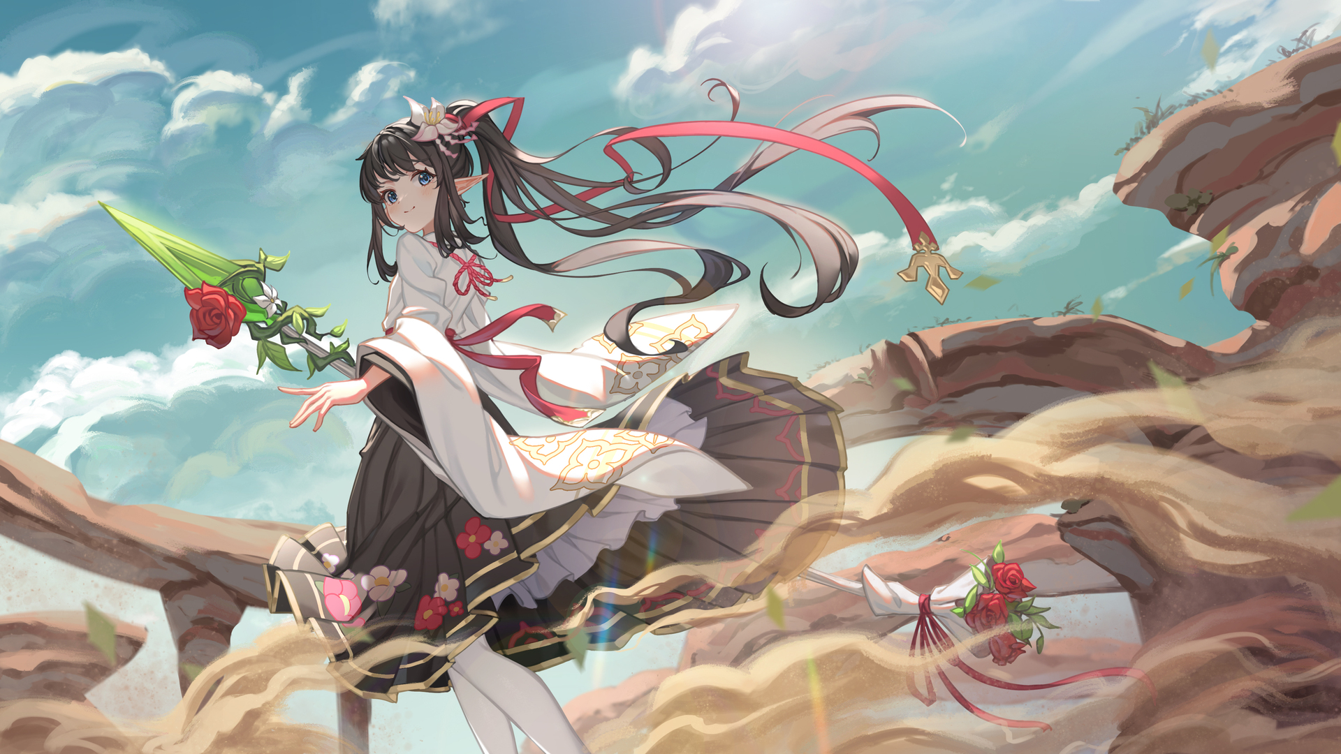 高清长发 动漫 动漫女孩 双马尾 花 云 天空 兽耳 电脑 壁纸 3840×2160
