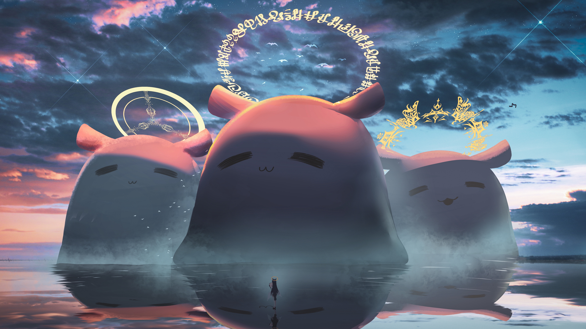经典虚拟 全息 动漫女孩 AI艺术 反射 水 云 电脑 壁纸 5548×2576