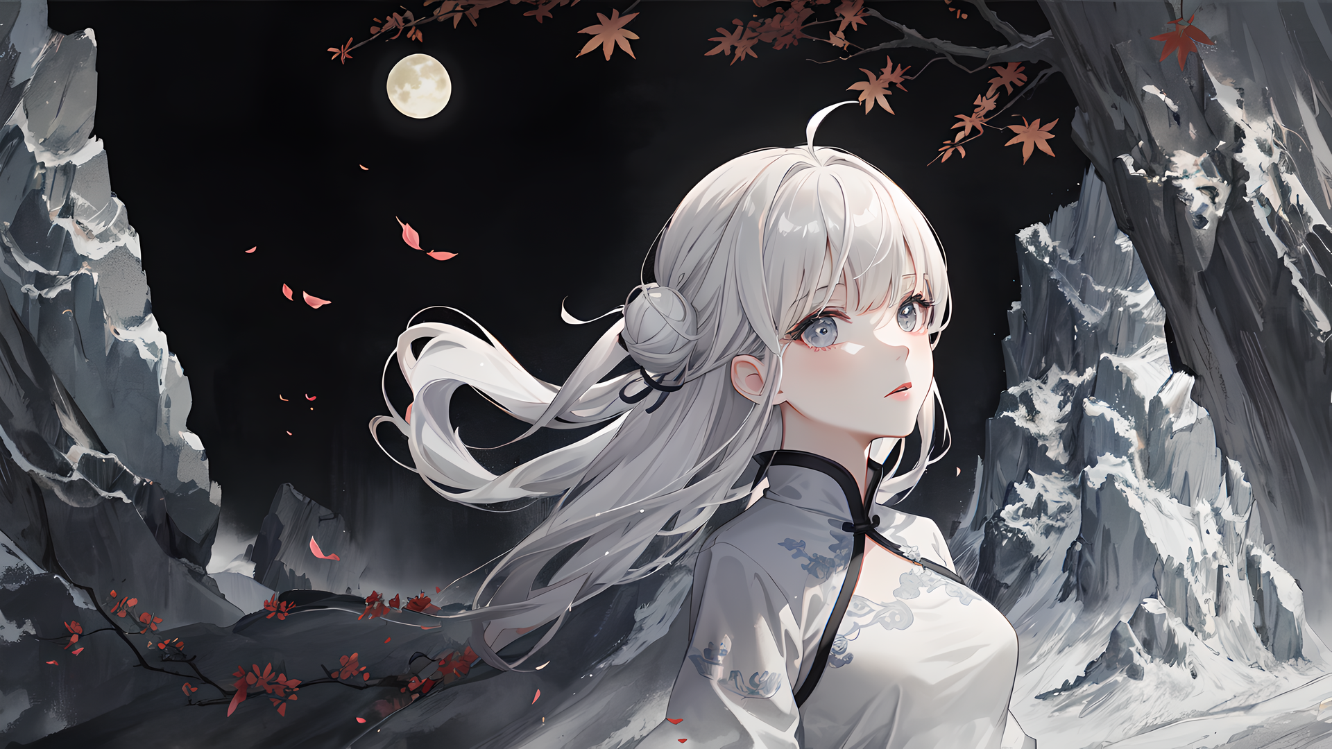 白色服装 夜晚 枫叶 动漫女孩 月亮 中国服装 树叶 雪 电脑 壁纸 3840×2160