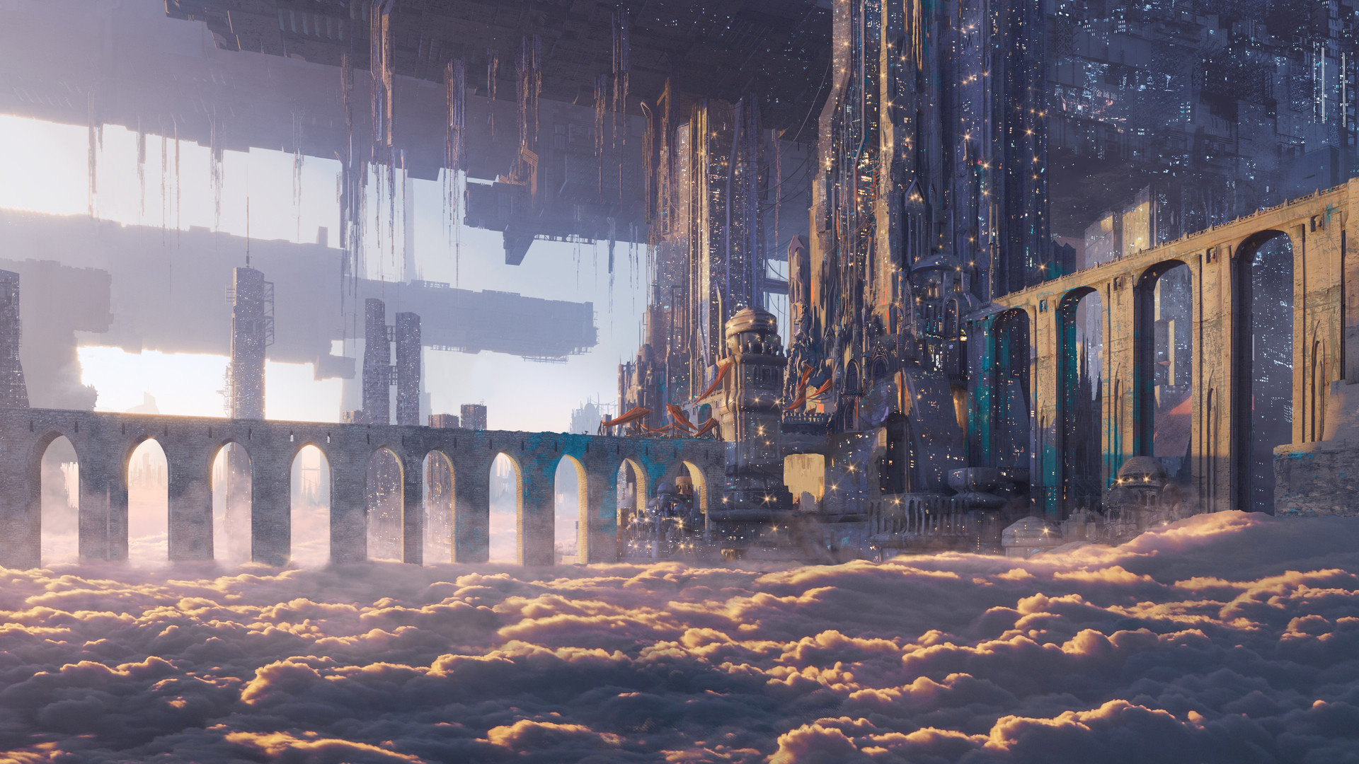 插图 城市 建筑 桥梁 乌托邦 云 幻想艺术 电脑 壁纸 3840×2160