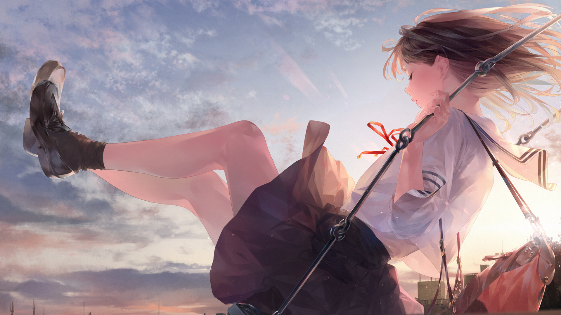 经典动漫 动漫女孩 裁剪 校服 秋千 水手制服 日落 侧视 电脑 壁纸 3840×2160