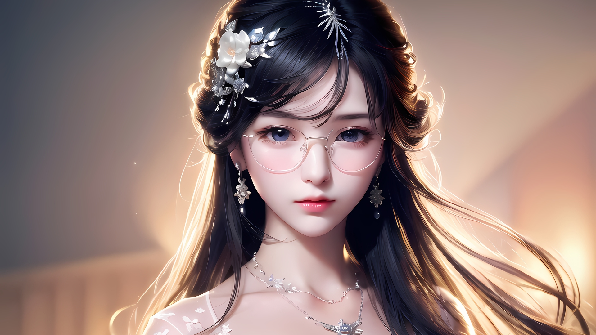 亚洲 女人 长发 艺术 眼镜 耳环 珠宝 项链 电脑 高清壁纸 4096×2560