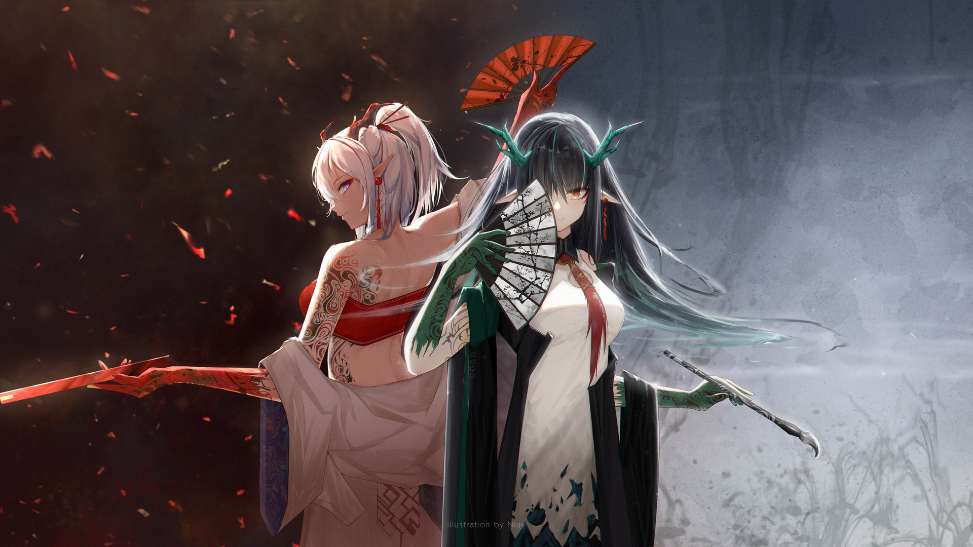 高清黄昏 武士 动漫女孩 电脑 壁纸 6984×2855