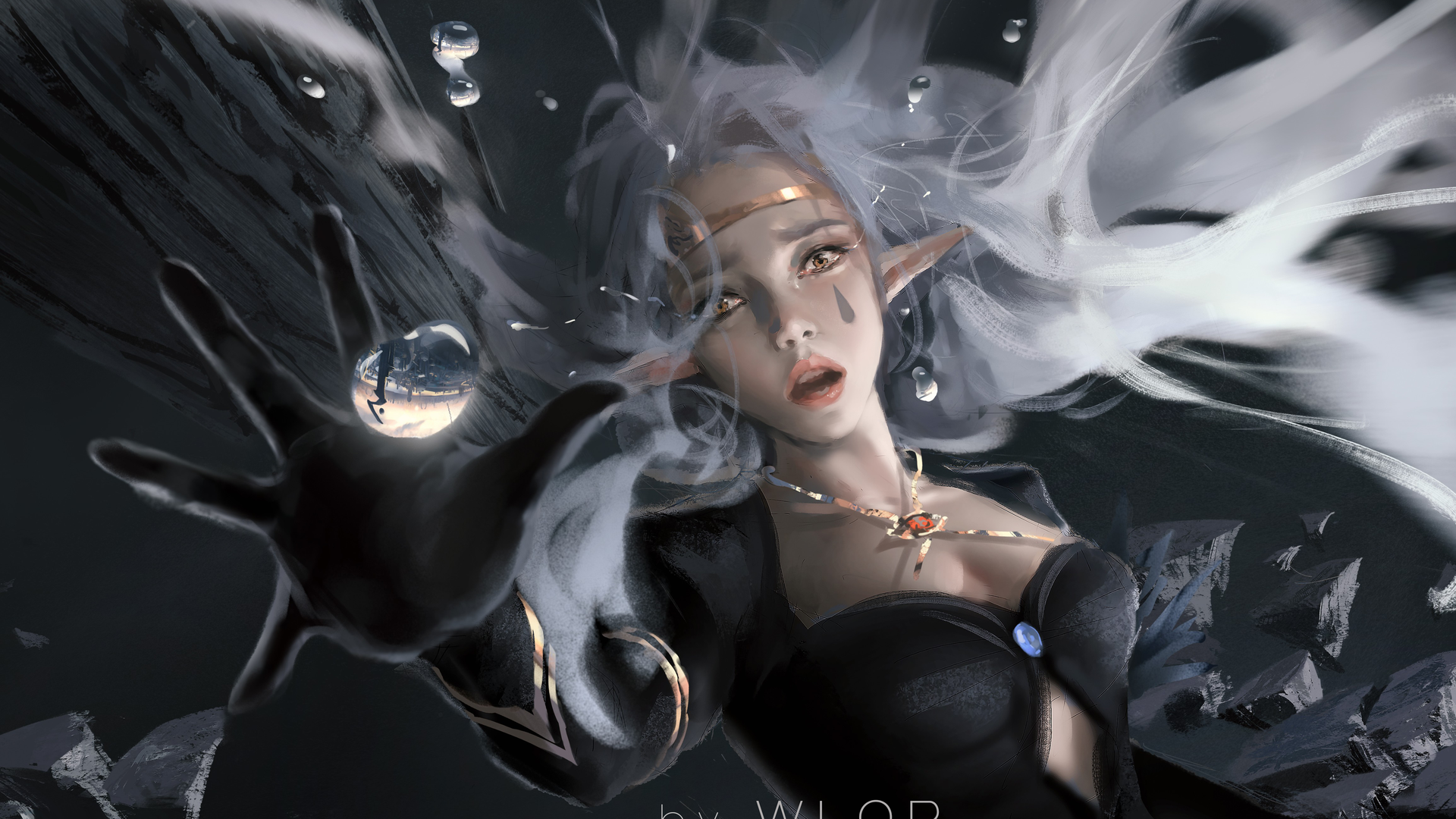 唯美女人 白发 坠落 长发 奇幻女孩 精灵 AI艺术 黄眼睛 兽耳 项链 奇幻艺术 电脑 高清壁纸 4619×2802