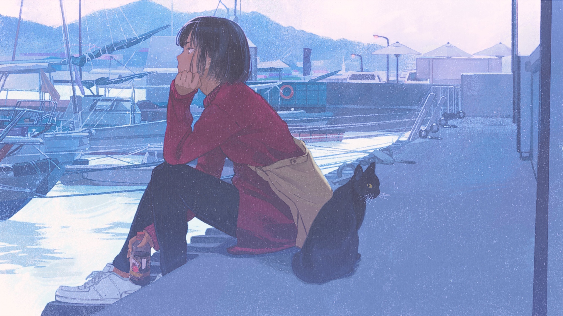 热门原创角色 动漫女孩 黑猫 图片 电脑 壁纸 4096×2304