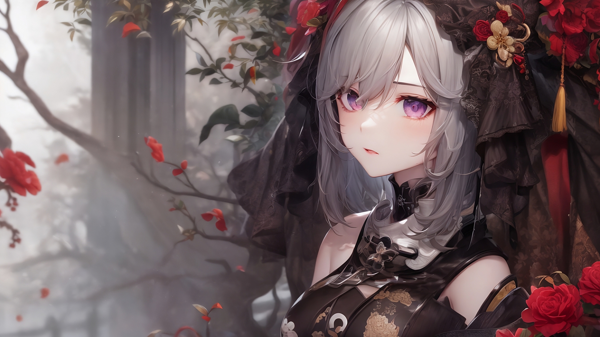 艺术 小说 动漫女孩 特写 银发 花瓣 花朵 电脑 桌面壁纸 5376×3072