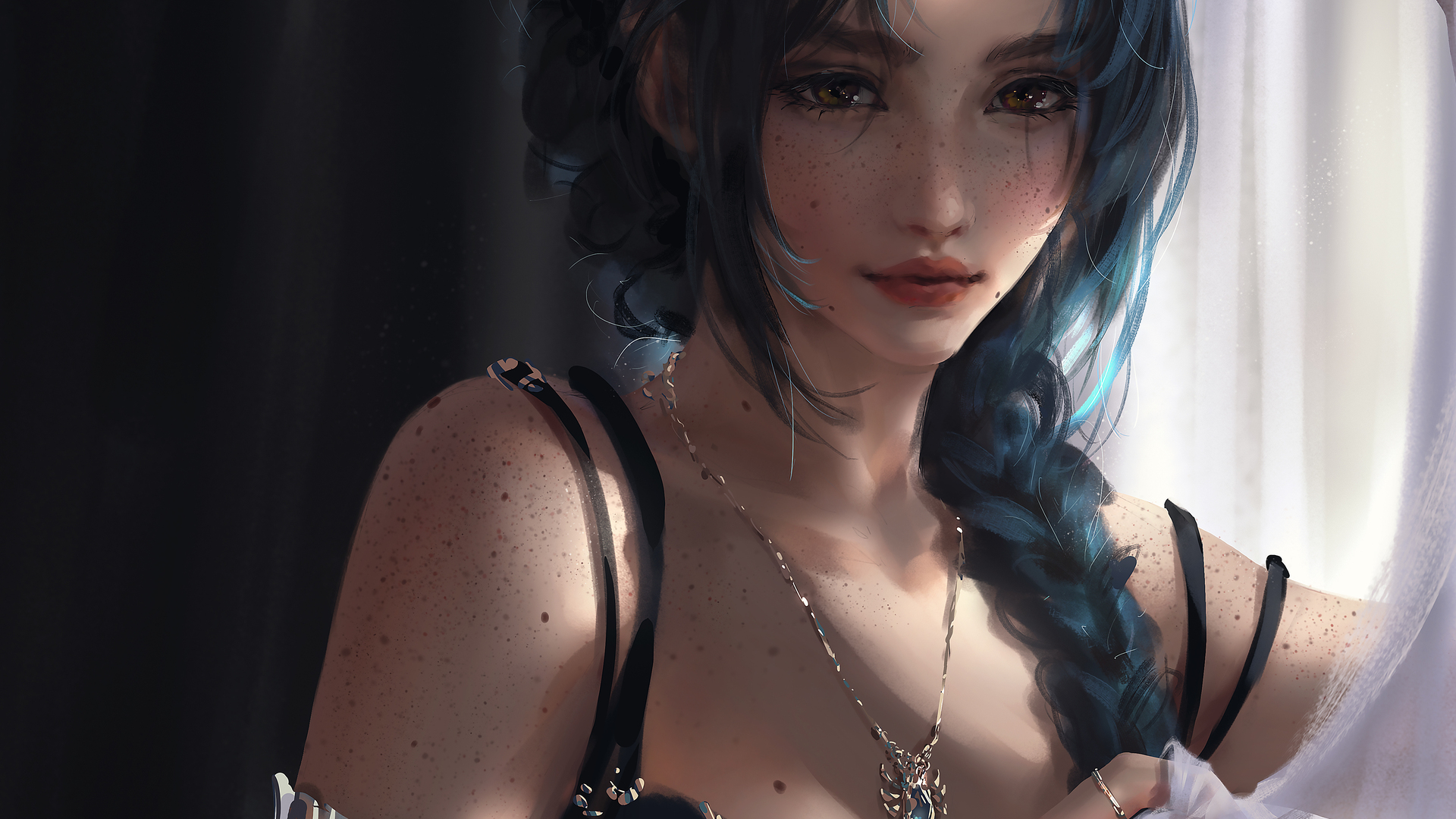 唯美女人 深色头发 长发 雀斑 辫子 马尾辫 电脑 高清壁纸 4600×2580