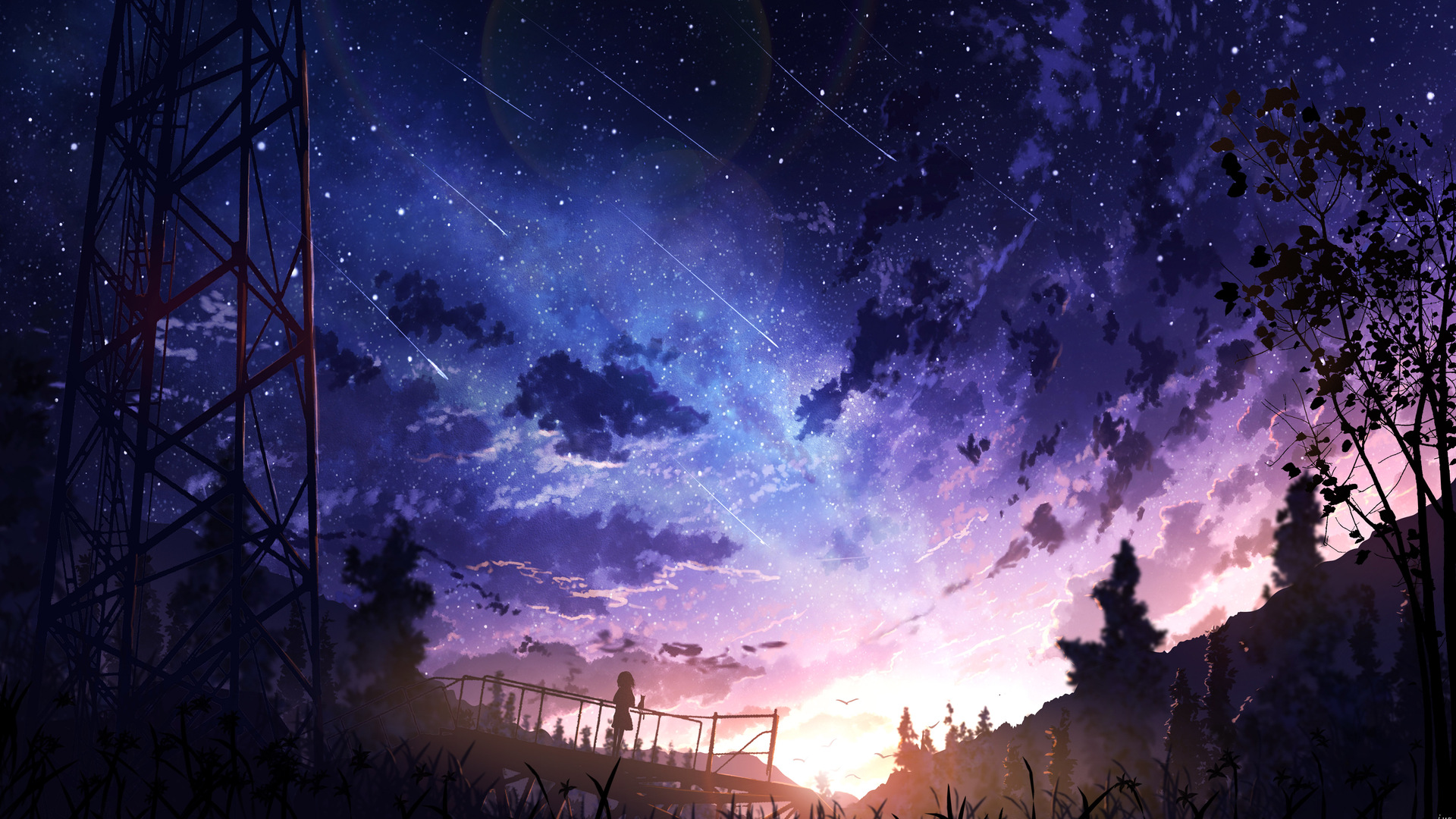 热门动漫 风景 天空 星星 流星 日落 动漫女孩 电脑 高清壁纸 4872×2791