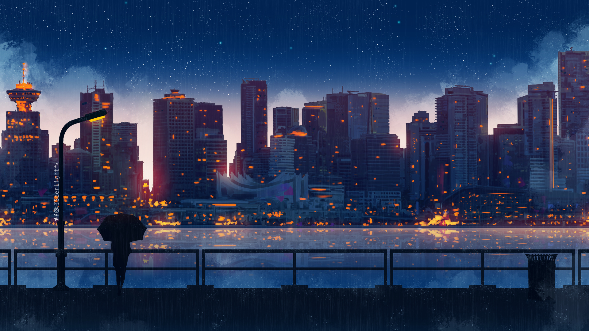 热门女性 动漫 城市 建筑 雨伞 夜晚 AI艺术 城市景观 星星 电脑 高清壁纸 4800×2400
