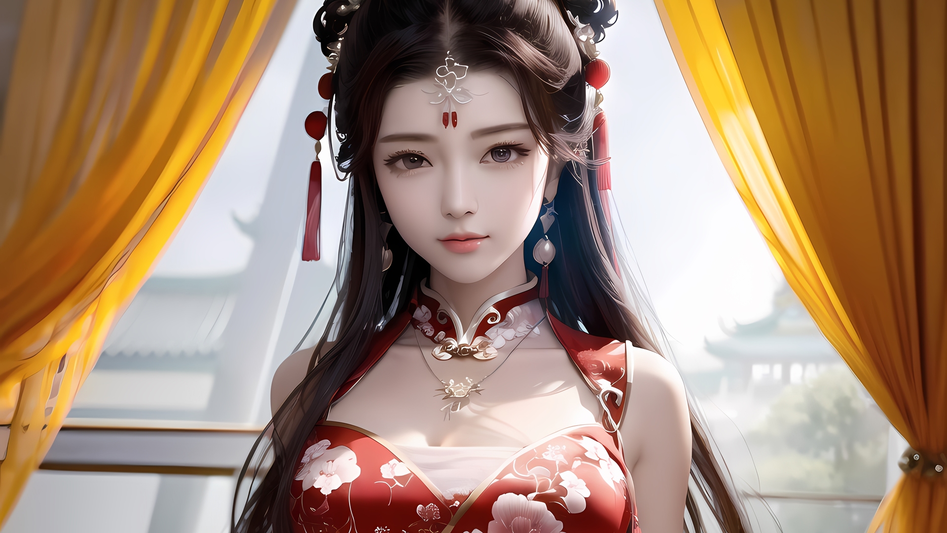 模特 女人 亚洲 艺术 耳环 吊带裙 项链 旗袍 电脑 4K高清壁纸 4096×2560