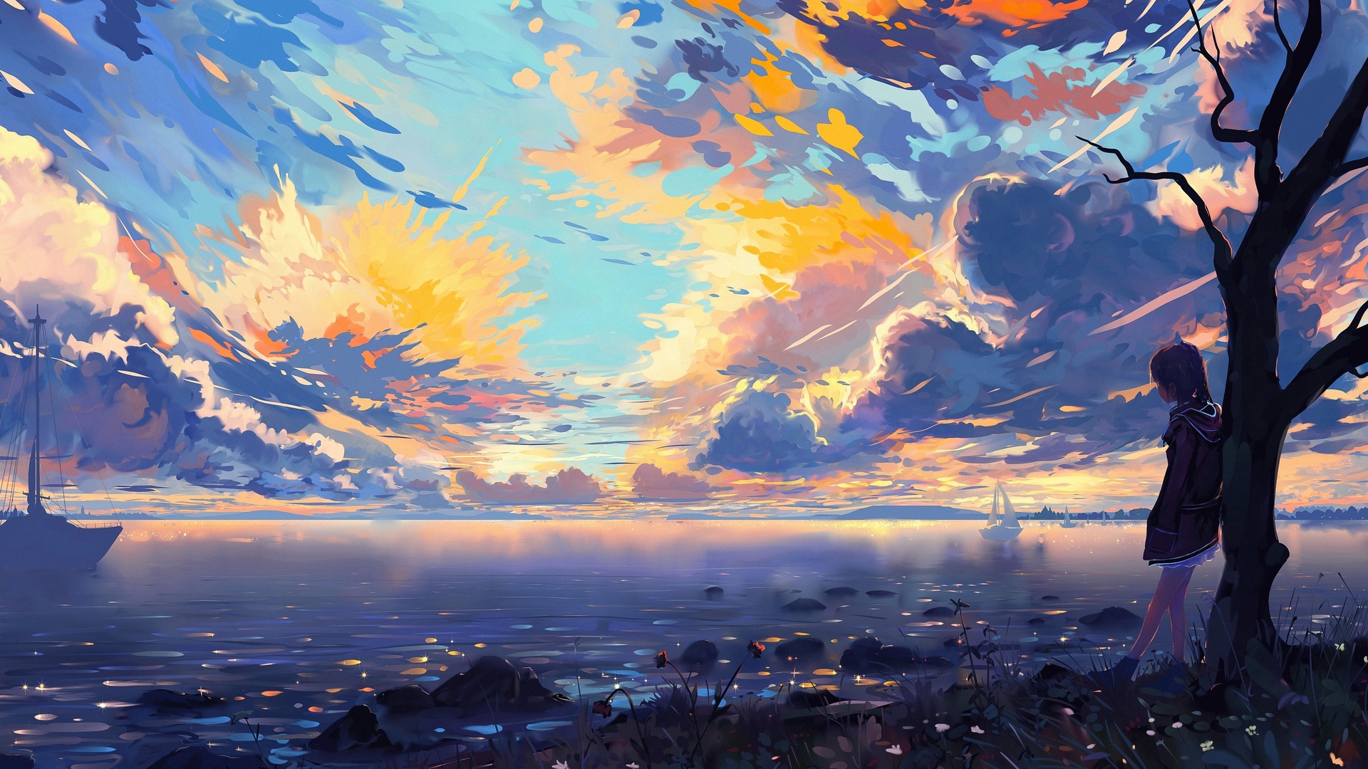 绝美动漫 动漫女孩 天空 水 电脑 4K壁纸 3840×2160