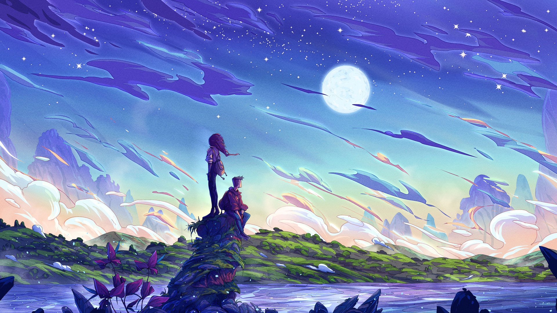 旅行者 AI艺术 奇幻艺术 云 山 草 星 夜 月亮 溪流 男人 电脑 桌面壁纸 3840×2160