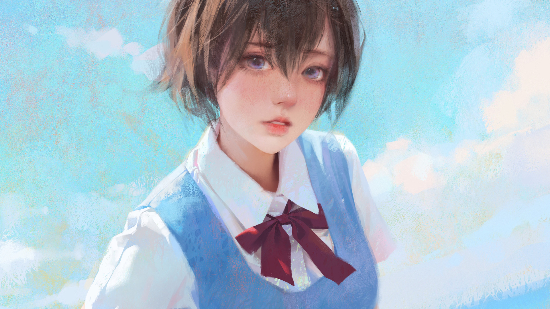 高清短发 动漫女孩 AI艺术 领带 油画 天蓝色 制服 电脑 高清壁纸 3840×2160