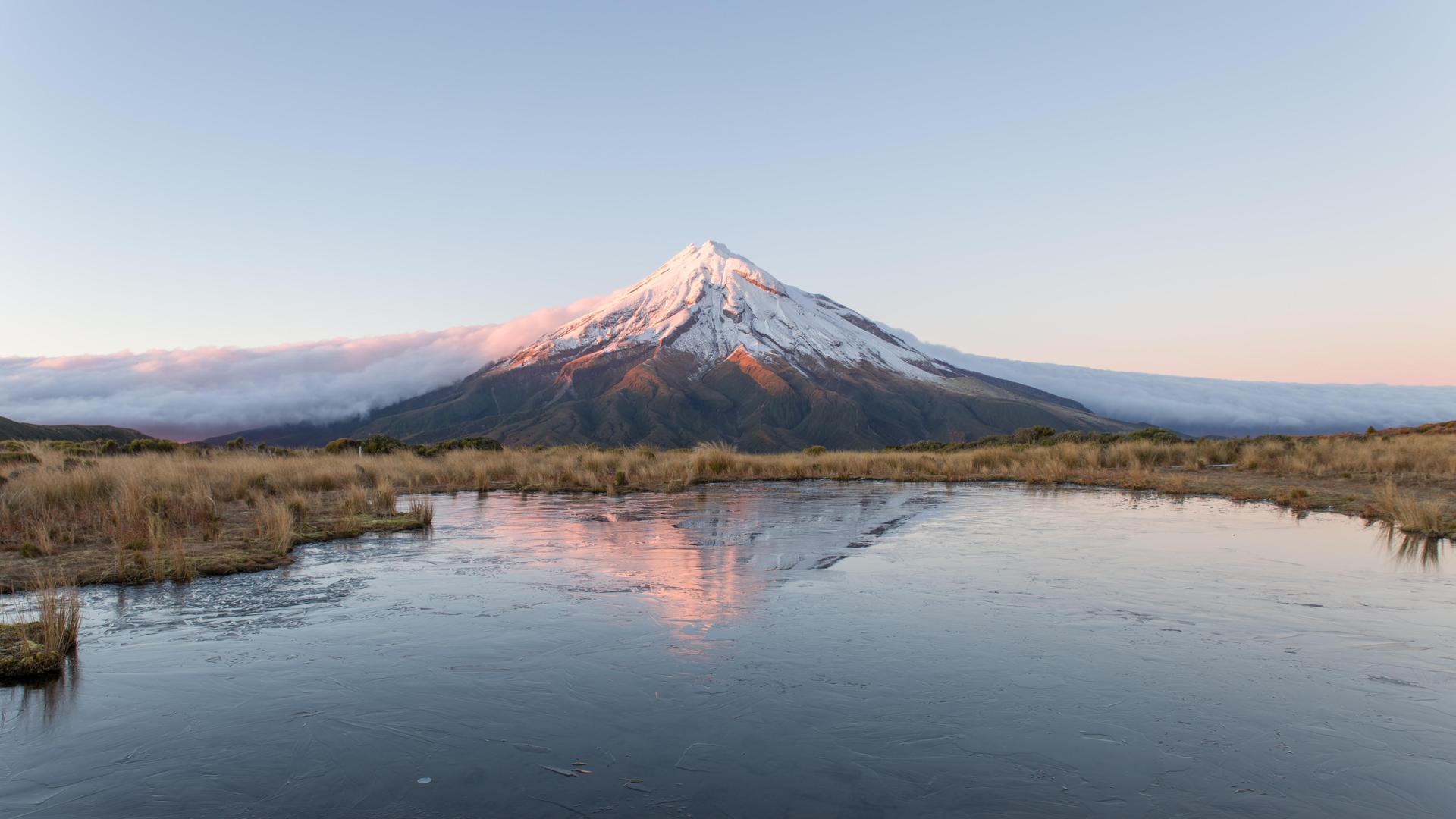 新西兰 风景 云 池塘 雪 自然 塔拉纳基山 山脉 反射 水 电脑 壁纸 5356×3570