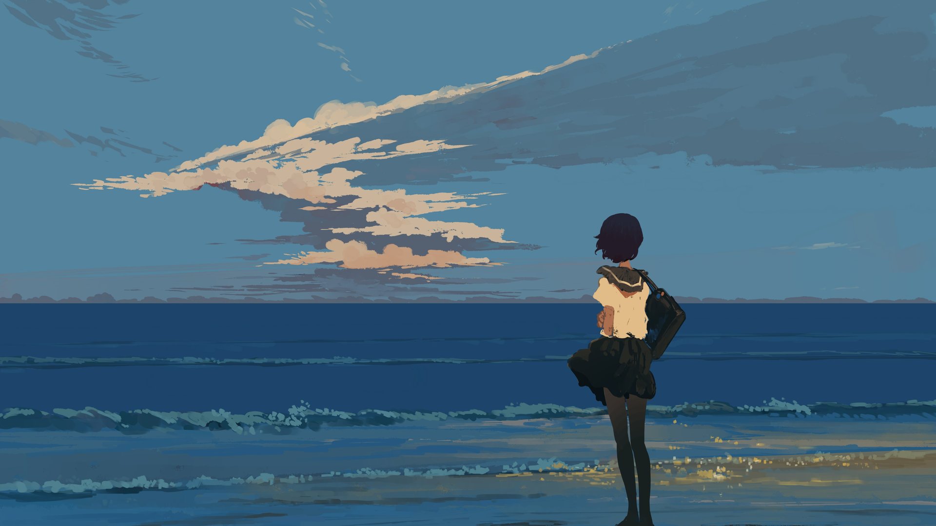 唯美女学生 站立 校服 海滩 海边 日落 宁静 海浪 水 云 天空 AI艺术 电脑 手机壁纸 4096×2477