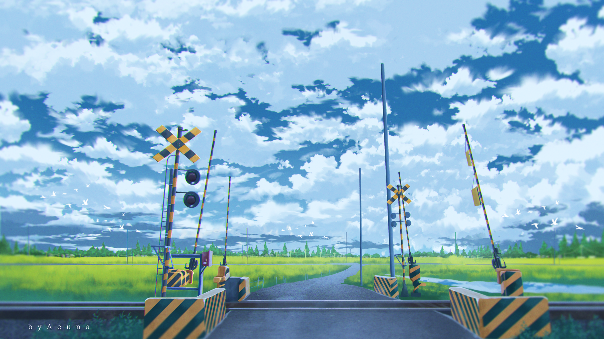 AI艺术 插图 云 铁路道口 环境 天空 风景 田野 电脑 4K壁纸 3840×2168