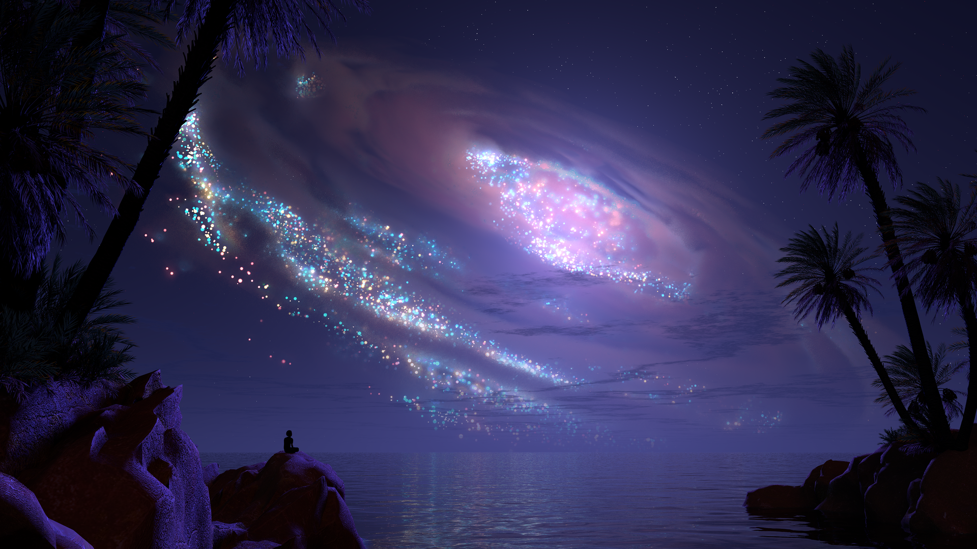 自然 风景 抽象 夜晚 棕榈树 海洋 夜景 电脑 壁纸 4096×3072