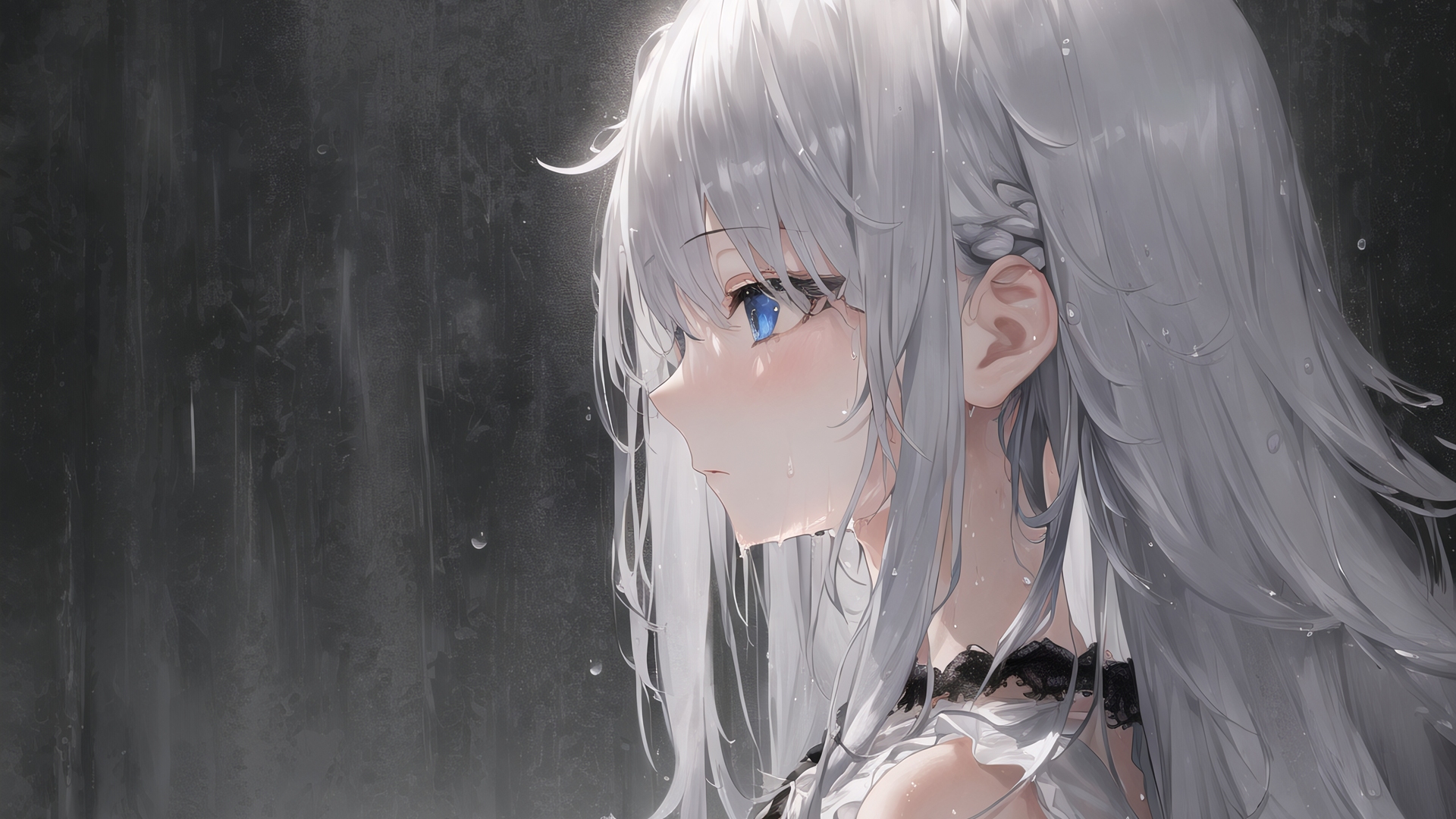 蓝眼睛 白发 个人资料 动漫女孩 简单背景 艺术 雨 电脑 手机壁纸 5120×3840